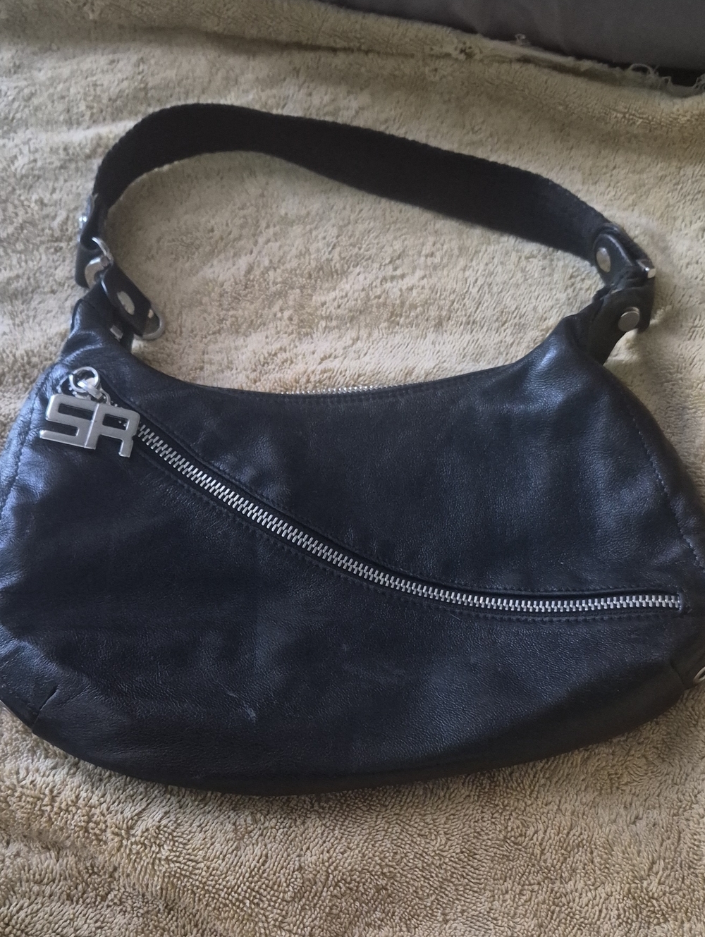 Sonia Rykiel Black Leather Shoulder Bag with Silver SR Charm
